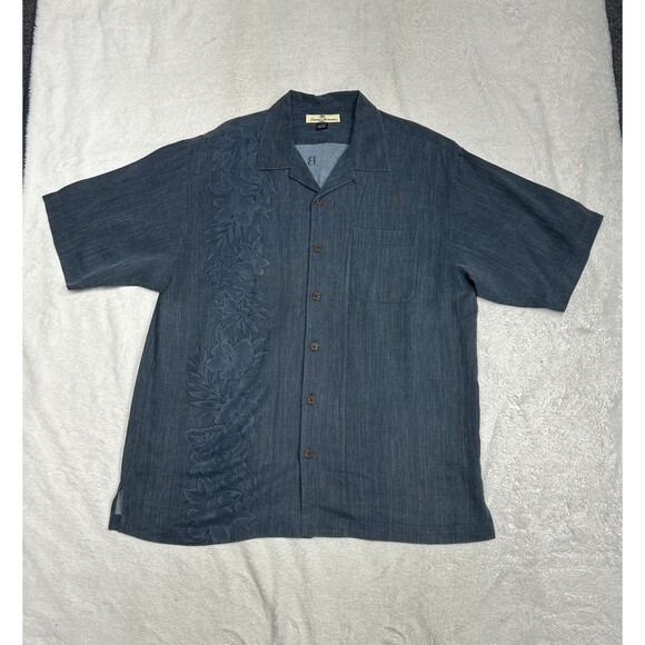 Tommy Bahama Men's Size Large Blue Silk Short Sleeve Hawaiian Button Down Shirt - Picture 1 of 7